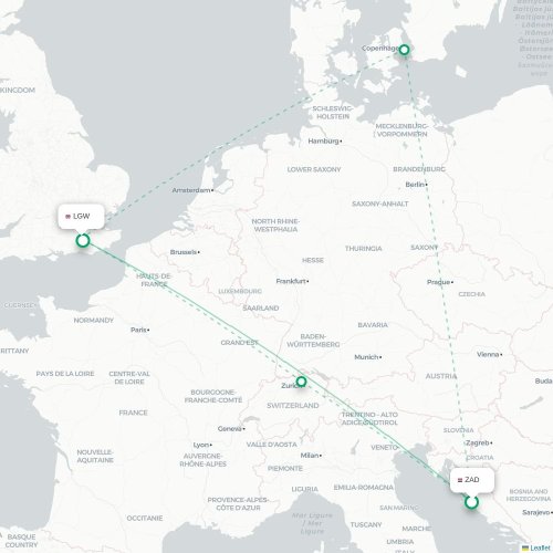 Mapa lotu bezpośredniego Zadar – Londyn