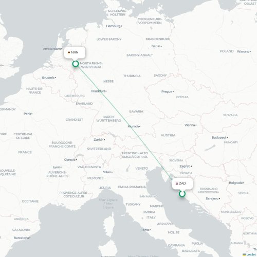Mapa de vuelo directo Zadar - Düsseldorf