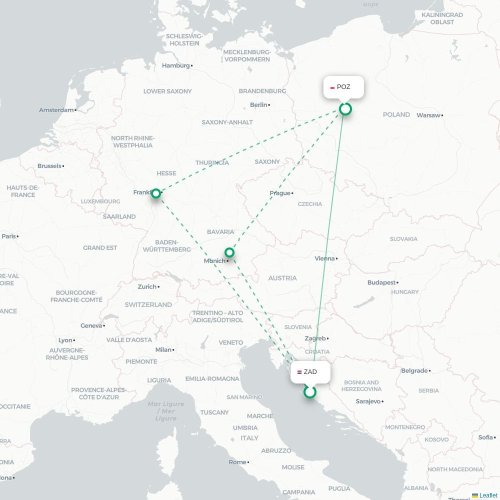 Zadar - Poznan kort over direkte fly