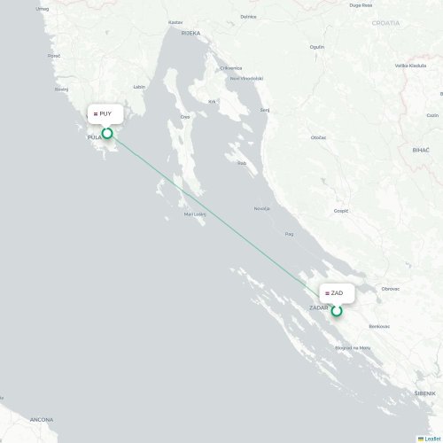 Mapa lotu bezpośredniego Zadar – Pula