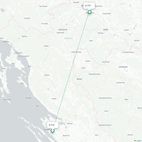Mapa lotu bezpośredniego Zadar – Zagrzeb