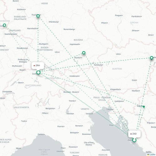 Mapa lotu bezpośredniego Zadar – Zurych