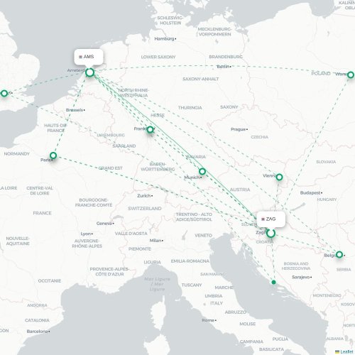 Zagreb - Amsterdam kort over direkte fly