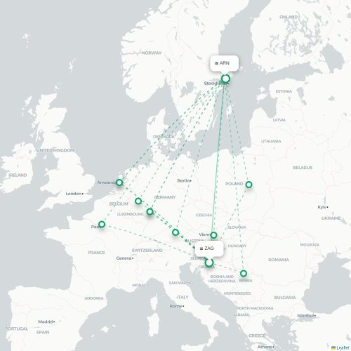 Mapa de vuelo directo Zagreb - Estocolmo