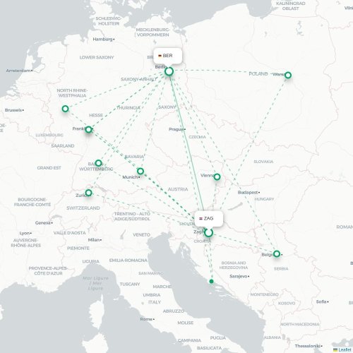 Zagreb - Berlijn kaart van rechtstreekse vlucht