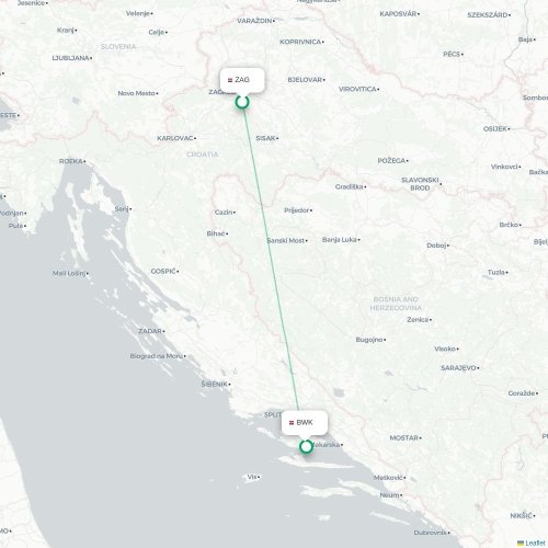 Mapa lotu bezpośredniego Zagrzeb – Bol