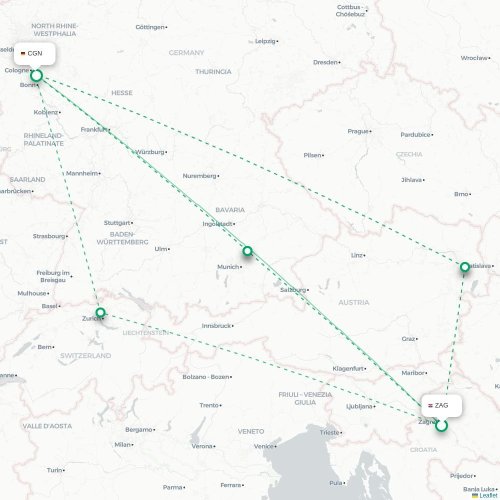 Mapa de vuelo directo Zagreb - Colonia