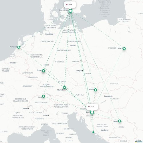 Mapa lotu bezpośredniego Zagrzeb – Kopenhaga