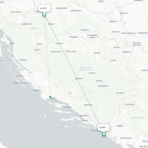 Mapa lotu bezpośredniego Zagrzeb – Dubrownik