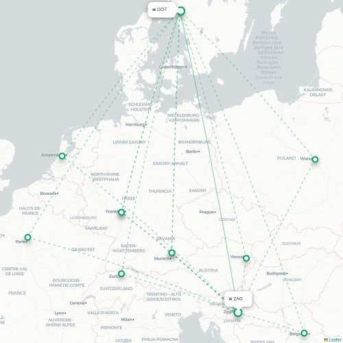 Mapa lotu bezpośredniego Zagrzeb – Goteburg