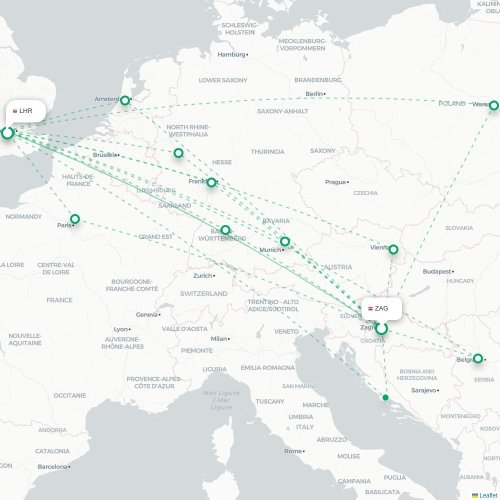 Mapa lotu bezpośredniego Zagrzeb – Londyn