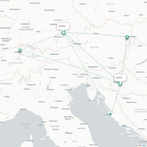 Zagreb - München kort over direkte fly