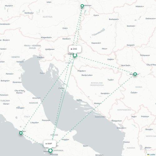 Zagreb - Napoli kort over direkte fly