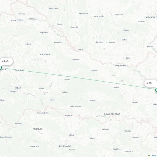 Mapa lotu bezpośredniego Zagrzeb – Osijek