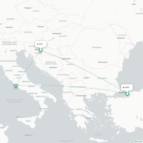 Zagreb - Istanbul kort over direkte fly