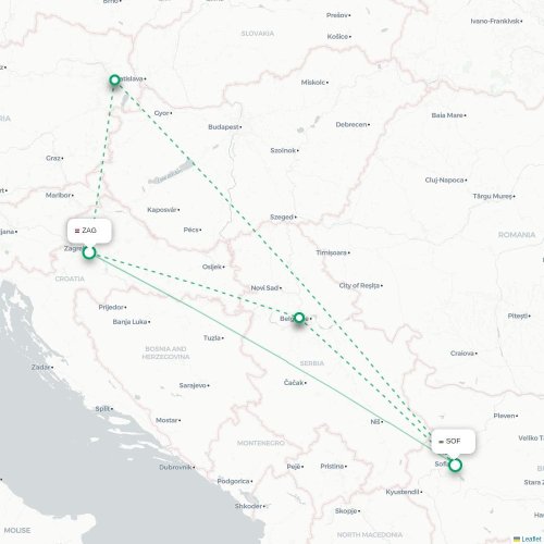 Mapa de vuelo directo Zagreb - Sofía