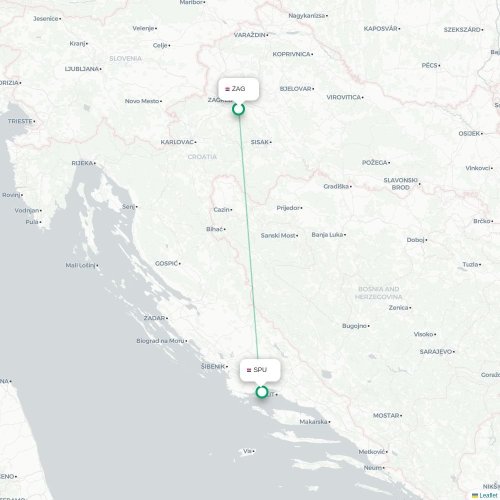 Mapa lotu bezpośredniego Zagrzeb – Split
