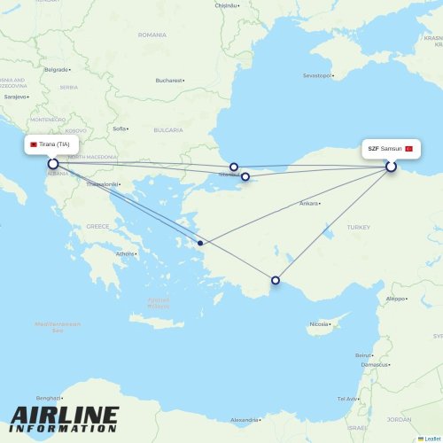 Zagreb - Tirana kort over direkte fly
