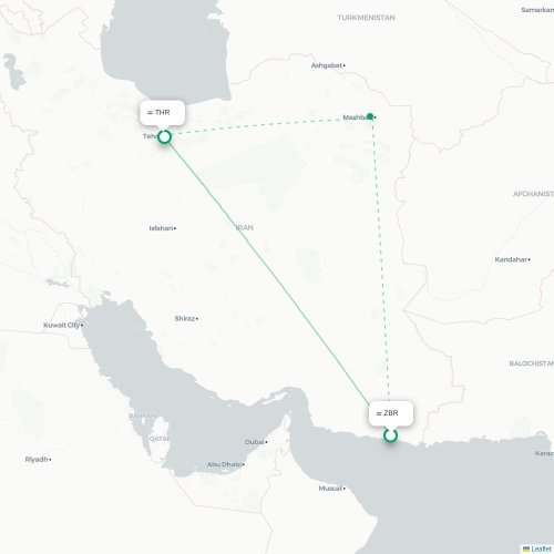 Mapa lotu bezpośredniego Chah-Bahar – Teheran