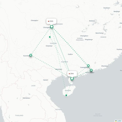 Mapa lotu bezpośredniego Zhanjiang – Chongqing