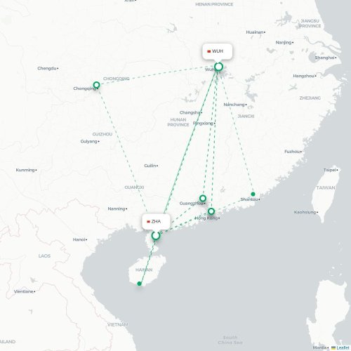 Zhanjiang - Wuhan kaart van rechtstreekse vlucht