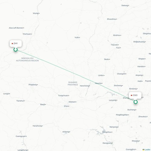 Mapa lotu bezpośredniego Zhongwei – Czengczou