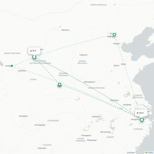 Mapa lotu bezpośredniego Zhongwei – Hangzhou