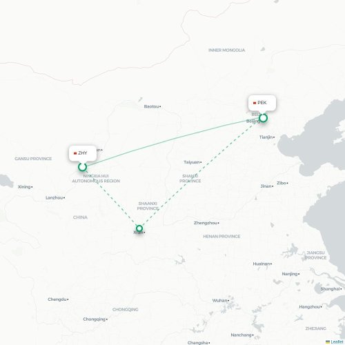 Mapa lotu bezpośredniego Zhongwei – Pekin