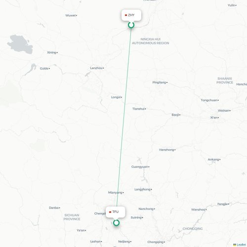 Mapa lotu bezpośredniego Zhongwei – Chengdu