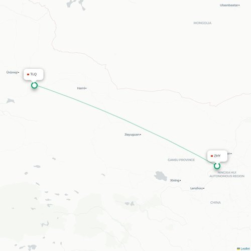 Mapa lotu bezpośredniego Zhongwei – Turpan