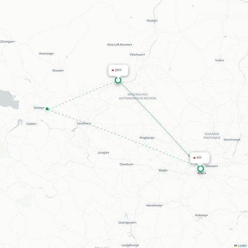 Mapa lotu bezpośredniego Zhongwei – Xi'an