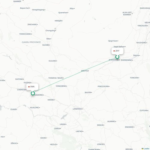 Mapa lotu bezpośredniego Zhongwei – Xining