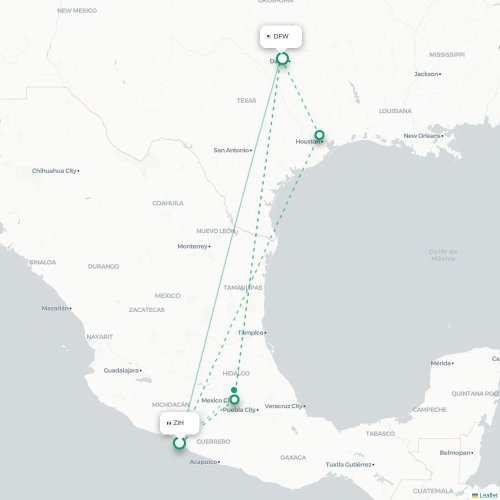 Mapa lotu bezpośredniego Ixtapa – Dallas