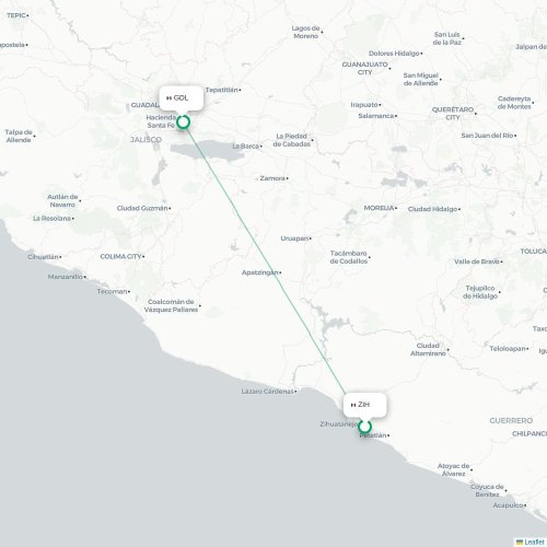 Mapa lotu bezpośredniego Ixtapa – Guadalajara