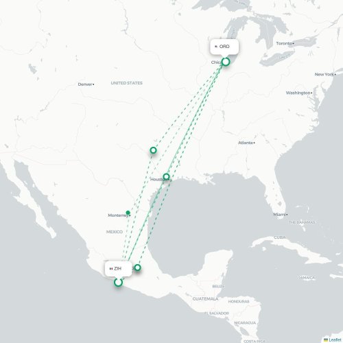 Mapa de vuelo directo Ixtapa - Chicago