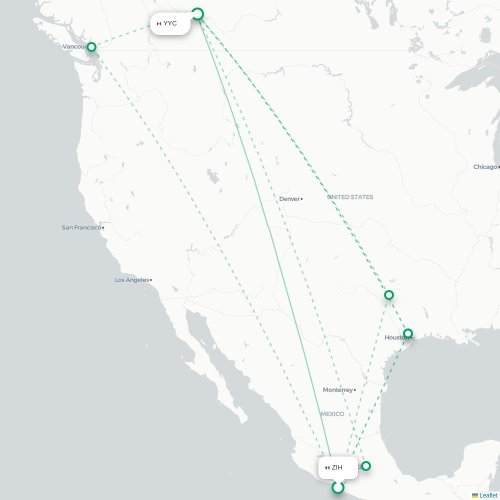 Mapa de vuelo directo Ixtapa - Calgary
