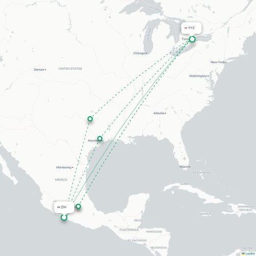 Mapa de vuelo directo Ixtapa - Toronto