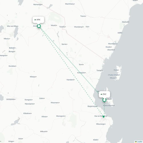 Mapa de vuelo directo Zanzíbar - Arusha