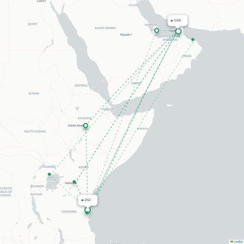 Mapa de vuelo directo Zanzíbar - Dubái