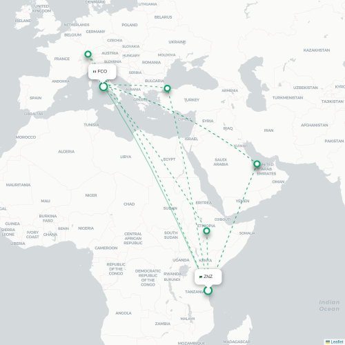 Mapa de vuelo directo Zanzíbar - Roma