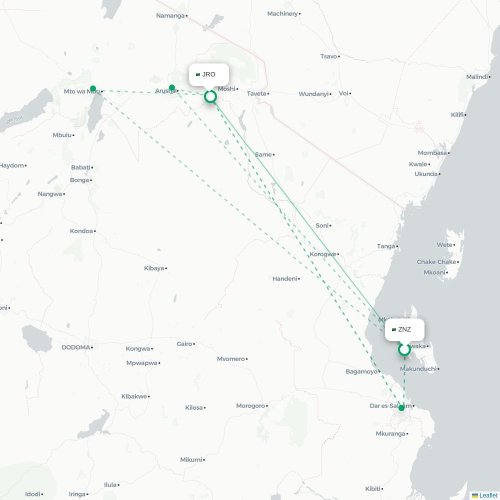 Mapa de vuelo directo Zanzíbar - Arusha
