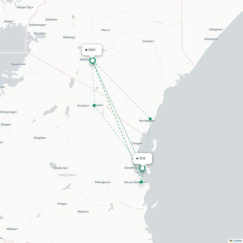 Mapa de vuelo directo Zanzíbar - Nairobi