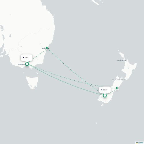 Mapa lotu bezpośredniego Queenstown – Melbourne