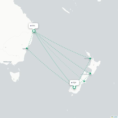 Mapa lotu bezpośredniego Queenstown – Coolangatta