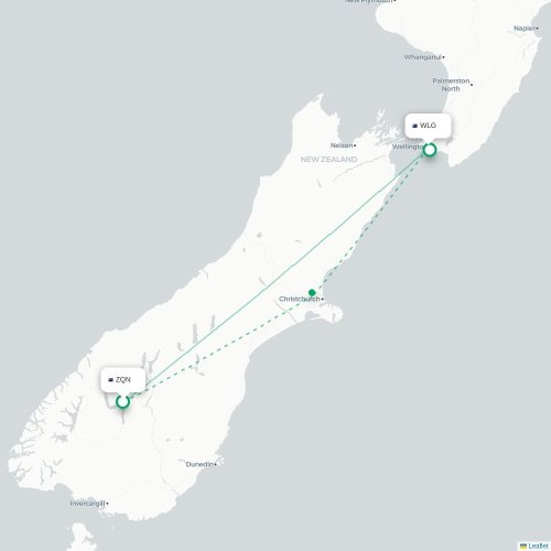 Queenstown - Wellington kort over direkte fly