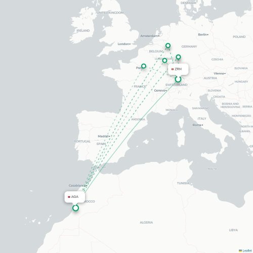 Mapa de vuelo directo Zúrich - Agadir