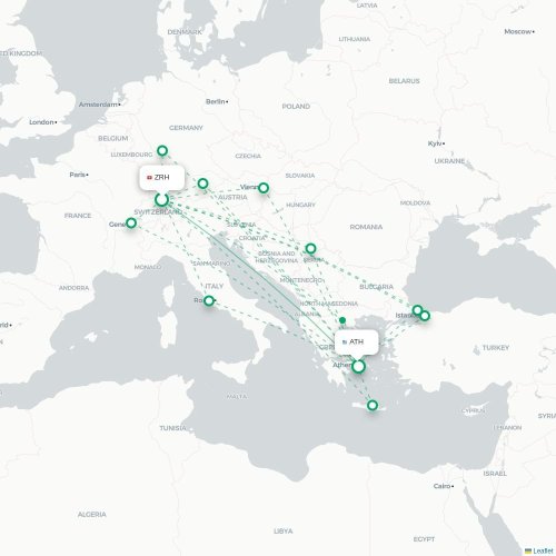 Mapa de vuelo directo Zúrich - Atenas