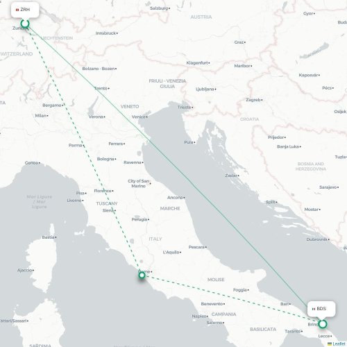 Zurich - Brindisi karta över direktflyg