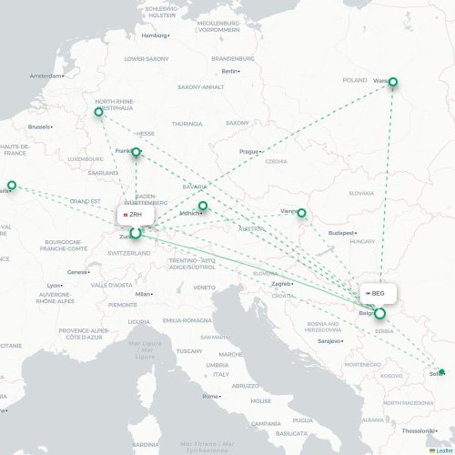 Mapa de vuelo directo Zúrich - Belgrado