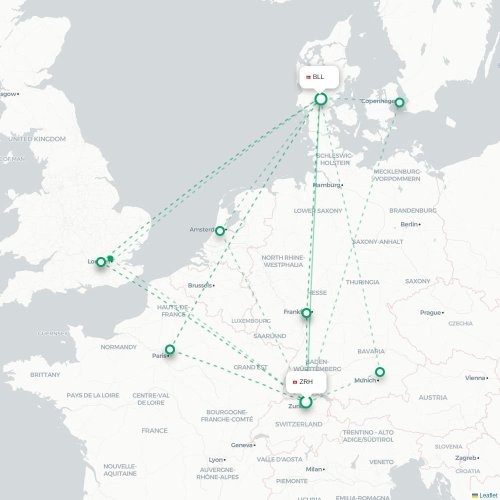 Mapa de vuelo directo Zúrich - Billund
